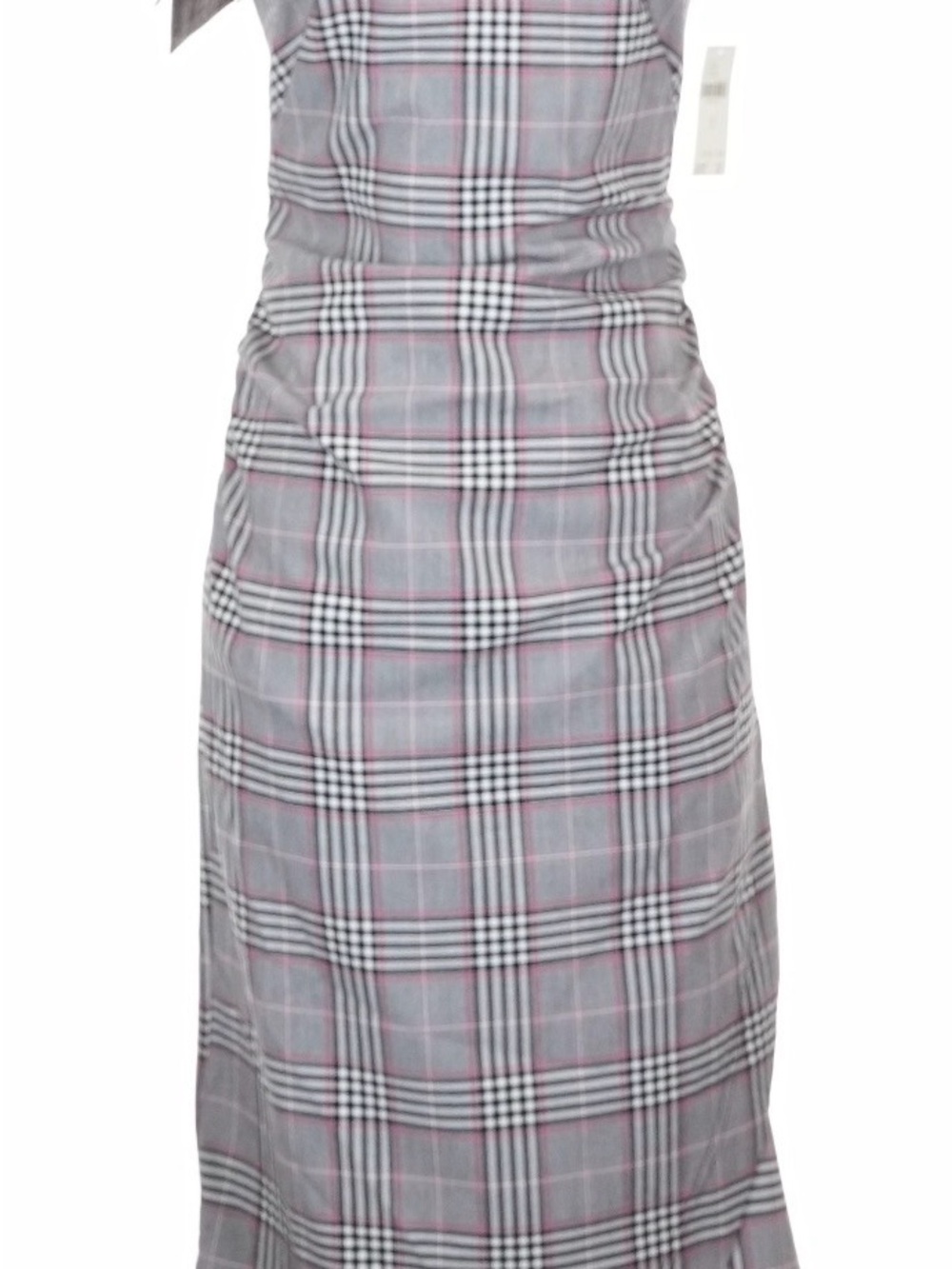 Anthropologie One-Shoulder Plaid Dress in Gray with Pink Accents